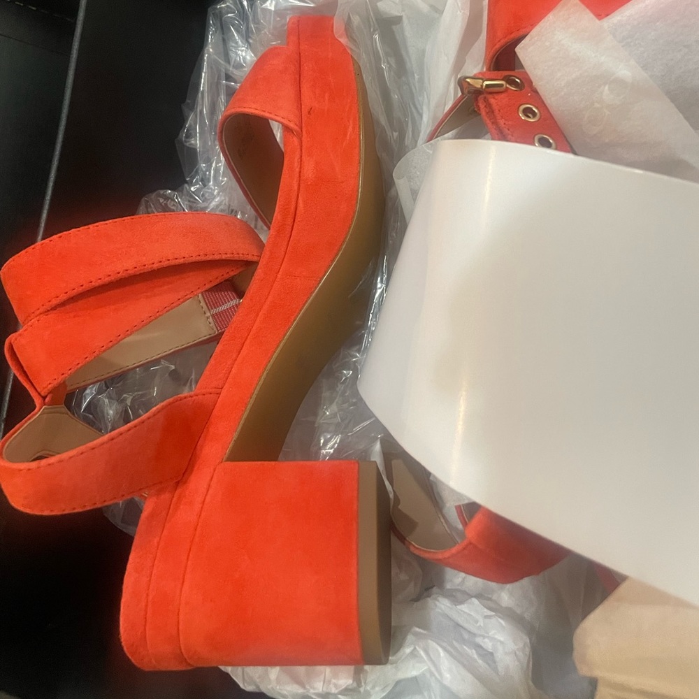 Coach Coral-Orange Suede Block Heel Sandals